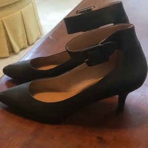 Nina black leather kitten heels with ankle strap, 7.5m